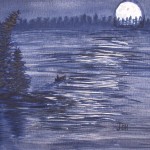 An original watercolor painting of someone paddling a canoe on a quiet woodland lake in the late evening. The rising moon light is reflecting off the ripples in the water.