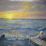 ” Original 2011 oil painting of a girl sitting on a dock watching a sunset across a lake on a windy evening.