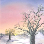 Original 2013 oil painting of an oak tree at sunset in winter.