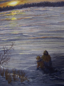 An original 2010 watercolor painting of a girl and a dog sitting together on a cold winter evening watching the sunset over a frozen lake.