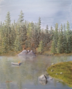 Original 2013 oil painting of a man fishing from a boat on a small lake in a pine forest.