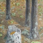 Original 2013 oil painting of a rotting stump of a pine tree in the woods.