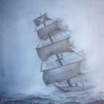 Original 2013 oil painting of a pirate ship in the fog.