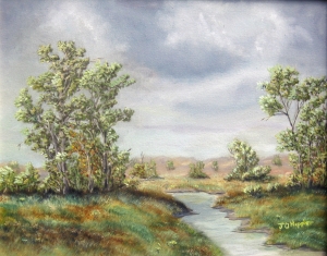 Original 2013 oil painting of a creek on the prairie.
