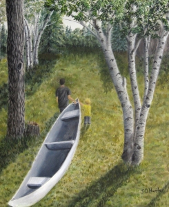 Original 2013 oil painting of a young man and a toddler pulling a canoe up a hill.