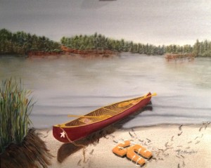 Original 2013 oil painting of a red canoe on the sandy shore of a lake with old orange life jackets strewn on the beach.