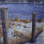 An original 2008 watercolor painting of a frosty woven wire fence near a small, frozen lake.