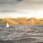 Original 2013 oil painting of a sail boat on a lake in the fall.