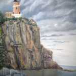 Original 2012 oil painting of Splitrock light house on a cliff on Lake Superior.