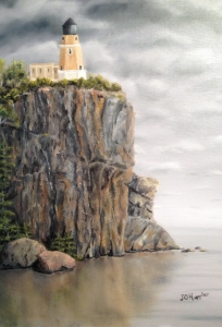 Original 2012 oil painting of Splitrock light house on a cliff on Lake Superior.