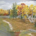 Original 2013 oil painting of a point near a lake in the woods in autumn.
