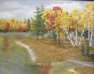 Original 2013 oil painting of a point near a lake in the woods in autumn.