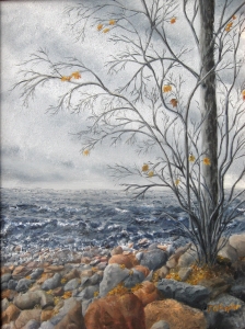 Original 2013 oil painting of a nearly bare trees near the rocky shore of Mille Lacs Lake