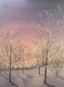 Original 2012 oil painting of a frosty tree at sunset in the winter.
