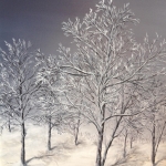 Original 2012 oil painting of a frosty tree with a violet sky in the winter.