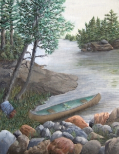 Original 2012 oil painting of a canoe pulled up to the shore of a lake in the BWCA .