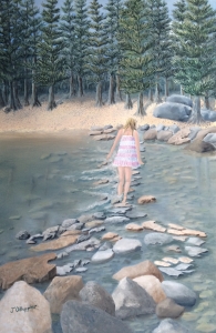 Original 2014 oil painting of a young woman crossing the Mississippi Headwaters on stepping stones on a sunny day.
