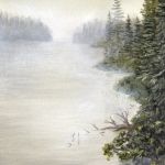 Original 2014 oil painting of a small lake in the woods in the mist.