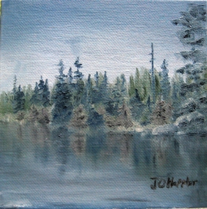 Original 2014 oil painting of a BWCA shoreline with reflection .