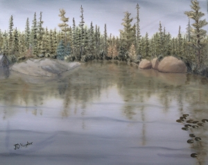 Original 2014 oil painting of a BWCA shoreline with reflection .