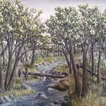 Original oil painting of a creek running through a woods.