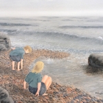 Original 2014 oil painting of two children throwing rocks into the water near Lake Superior.