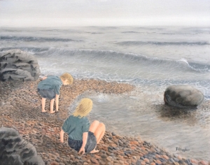 Original 2014 oil painting of two children throwing rocks into the water near Lake Superior.