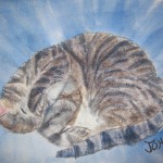 Original 2007 watercolor painting of a grey tiger striped cat sleeping curled up.