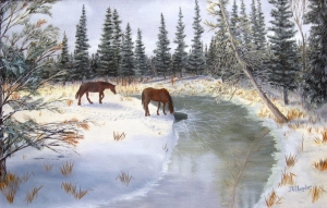 Original 2014 oil painting of two horses near a river in the winter.