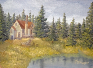 Original 2014 oil painting of a house in the woods near a small lake.
