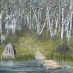 Original 2014 oil painting of a dock and overturned fishing boat near a lake in a birch woods.