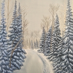 Original 2014 oil painting of a rural road and spruce trees in the snow.