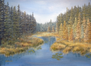 Original 2014 oil painting of a lake in the woods emptying into a river.