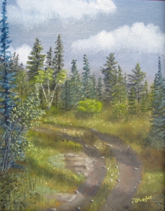 Original 2014 oil painting of a curve in a rural northern Minnesota road going up a hill.