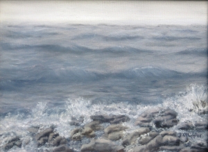 Original 2014 oil painting of the water splashing on rocks on the shore of Mille Lacs Lake.