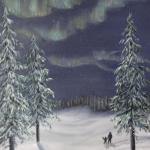 Original oil painting of a child and an adult watching the northern lights in winter.
