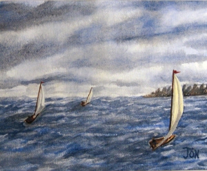 Original 2007 watercolor painting of three sailboats on a lake.