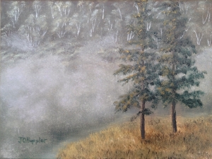 Original2014 oil painting of the morning mist on a lake in the woods.