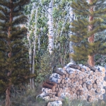Original 2014 oil painting of firewood in a pile in the northern Minnesota woods.