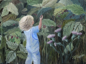 Original 2014 oil painting of a little girl picking wild raspberries.