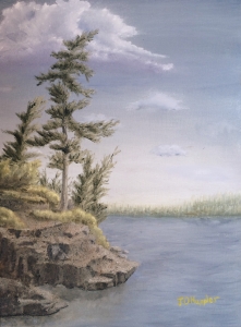 Original 2014 oil painting of a pine tree on the rocky shore of a lake.