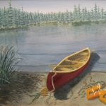 Original 2014 oil painting of a red canoe on the sandy shore of a lake with old orange life jackets strewn on the beach.
