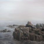Original 2014 oil painting of sisters sitting on a large rock near Lake Superior on a foggy morning