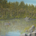 Original 2012 oil painting of a man fishing from a boat on a small lake in a pine forest.