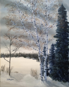Original 2014 oil painting by J O Huppler of trees near a small lake in Minnesota in the winter.