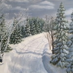 Original 2014 oil painting of trees and a plowed road following a snowfall.