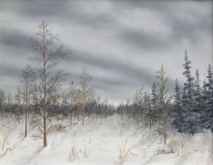 Original 2014 oil painting of a tamarack swamp in the winter.