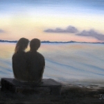 Original 2014 oil painting of a silhouetted couple watching the sunset over a lake.