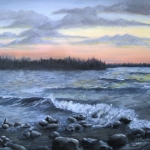 Original 2014 oil painting of waves breaking on a rocky shore of a lake at sunset.