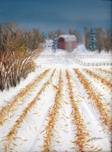 Original 2014 oil of a farm behind a picked cornfield in winter.